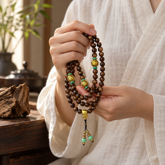 108-Bead Wood Mala with Gold Guru Bead - 03_scene_prayer_hands