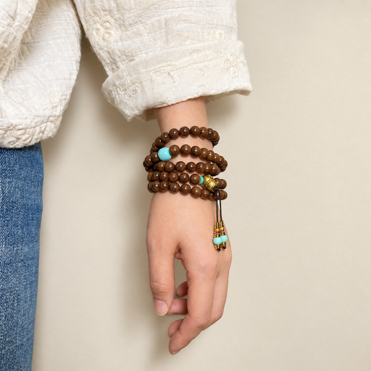 108-Bead Wood Mala with Gold Guru Bead - 沉香双圈手串_A1196_01