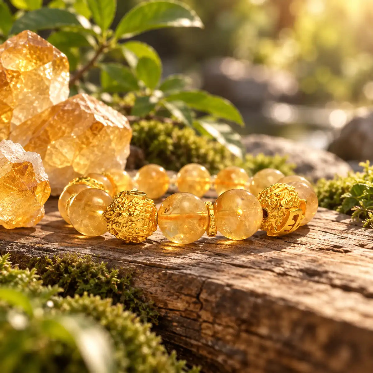 Citrine bracelet with crystals outdoors