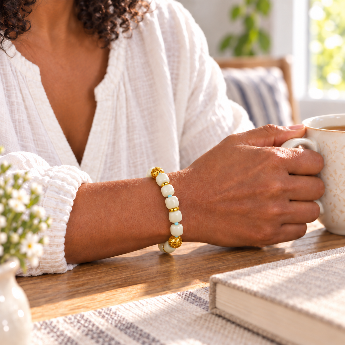 White Jade & Gold Openwork Bracelet - 09-pdp-wear (4)