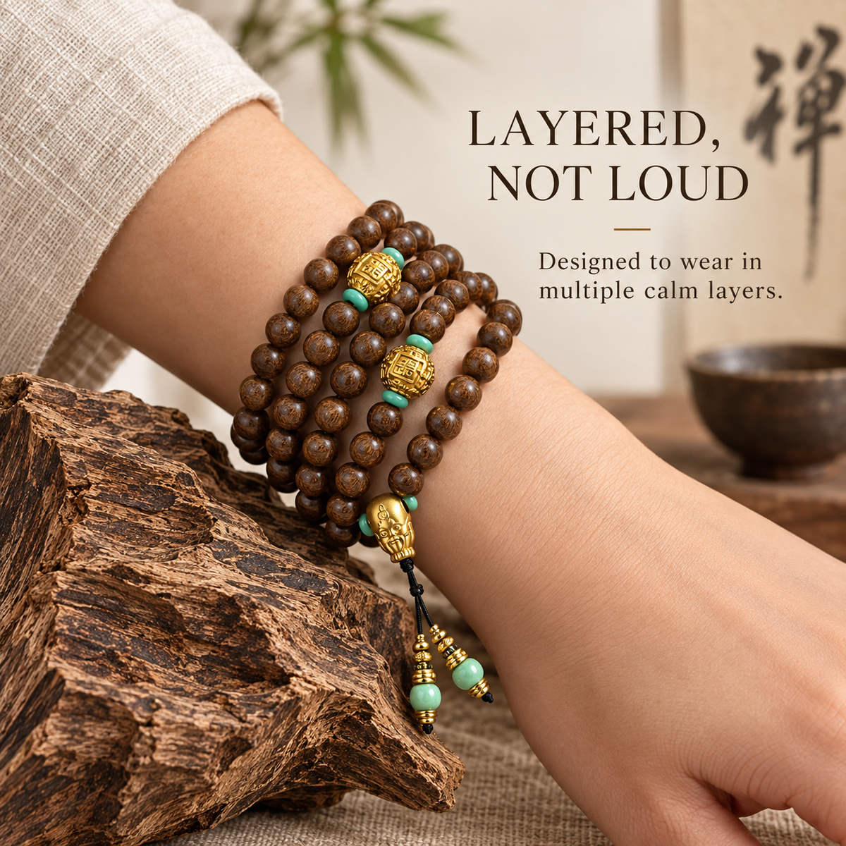 108-Bead Wood Mala with Gold Guru Bead - 08_pdp_03_layered_fit