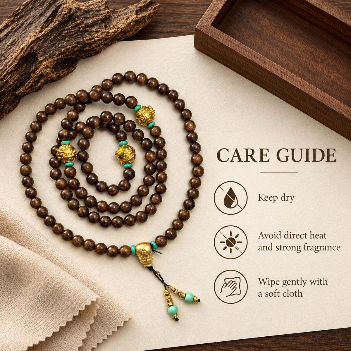 108-Bead Wood Mala with Gold Guru Bead - 11_pdp_06_care_guide