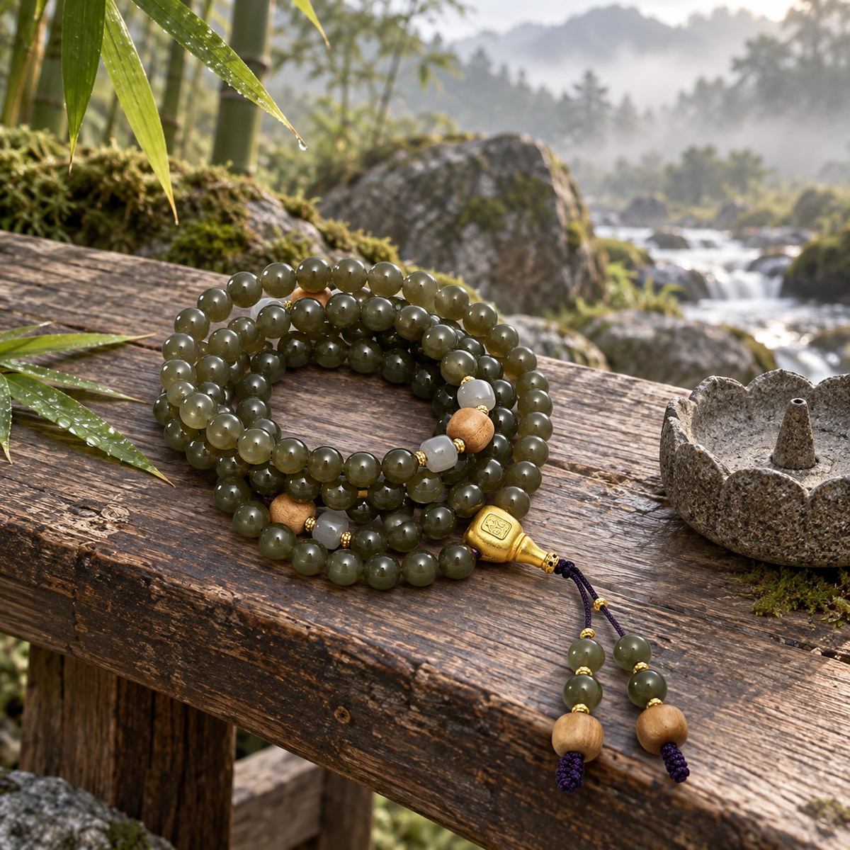 Lake-Green Hetian Jade 108 Mala - 05_scene_outdoor_bench