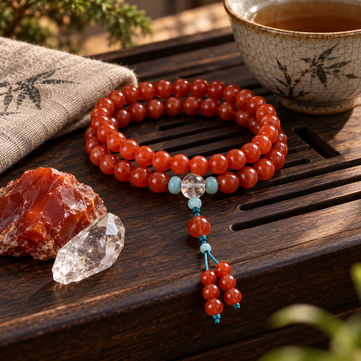 Nanhong Agate Triple-Wrap Bracelet - 15_scene_zen_tea_table