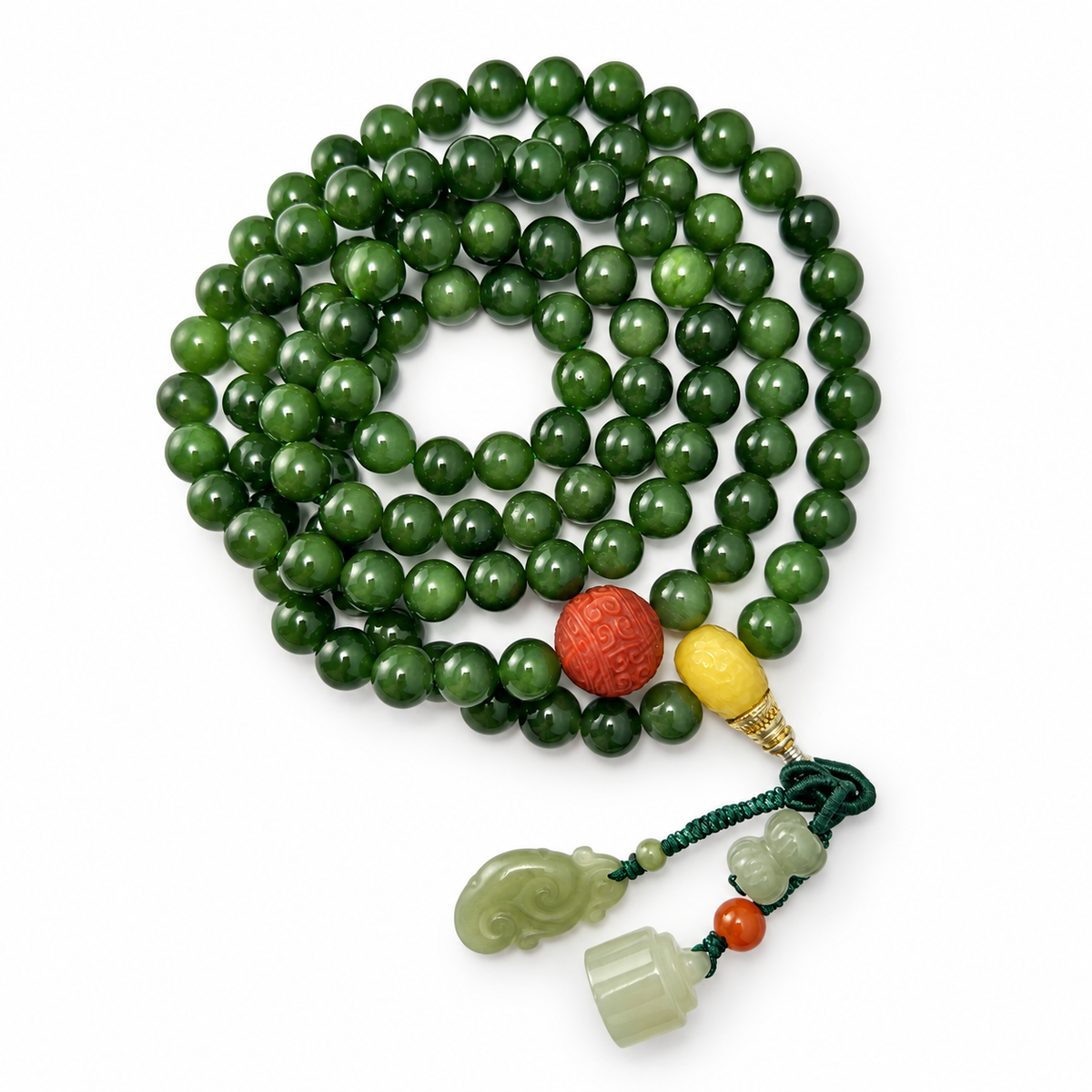 Spinach Jade 108 Mala with Carved Accents - 01_main_green_jade_mala