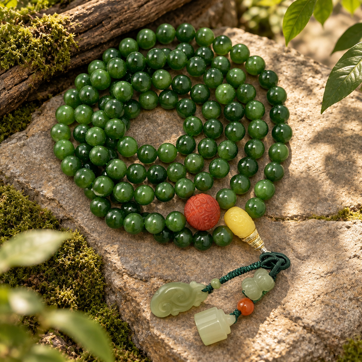 Spinach Jade 108 Mala with Carved Accents - 02_scene_stone_zen