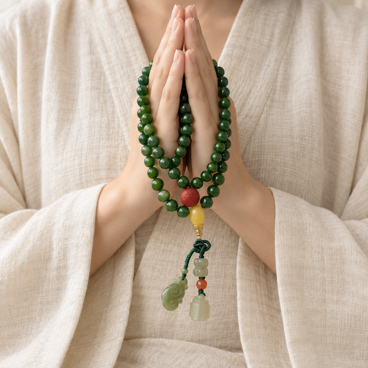 Spinach Jade 108 Mala with Carved Accents - 03_scene_prayer_hands