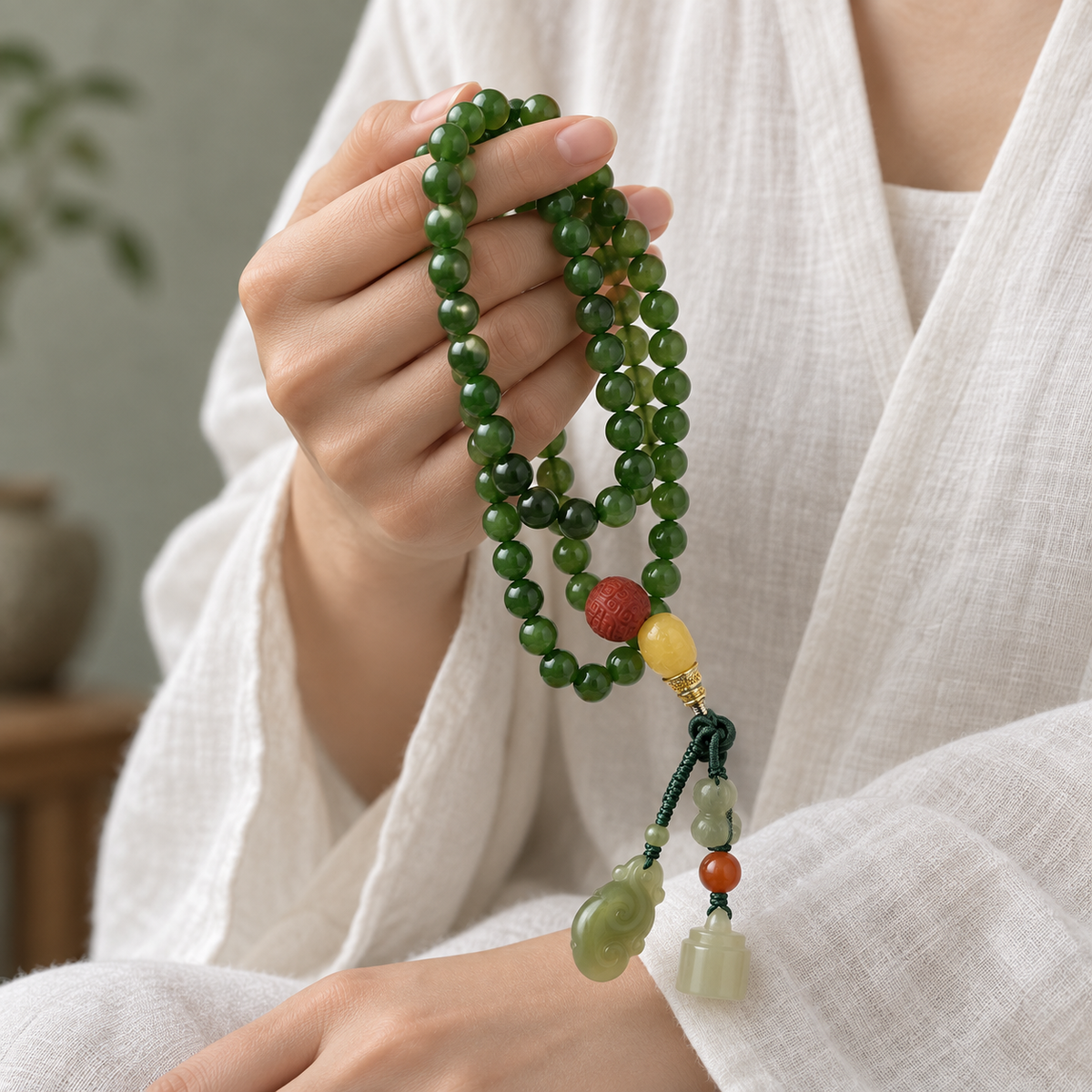 Spinach Jade 108 Mala with Carved Accents - 04_scene_handheld