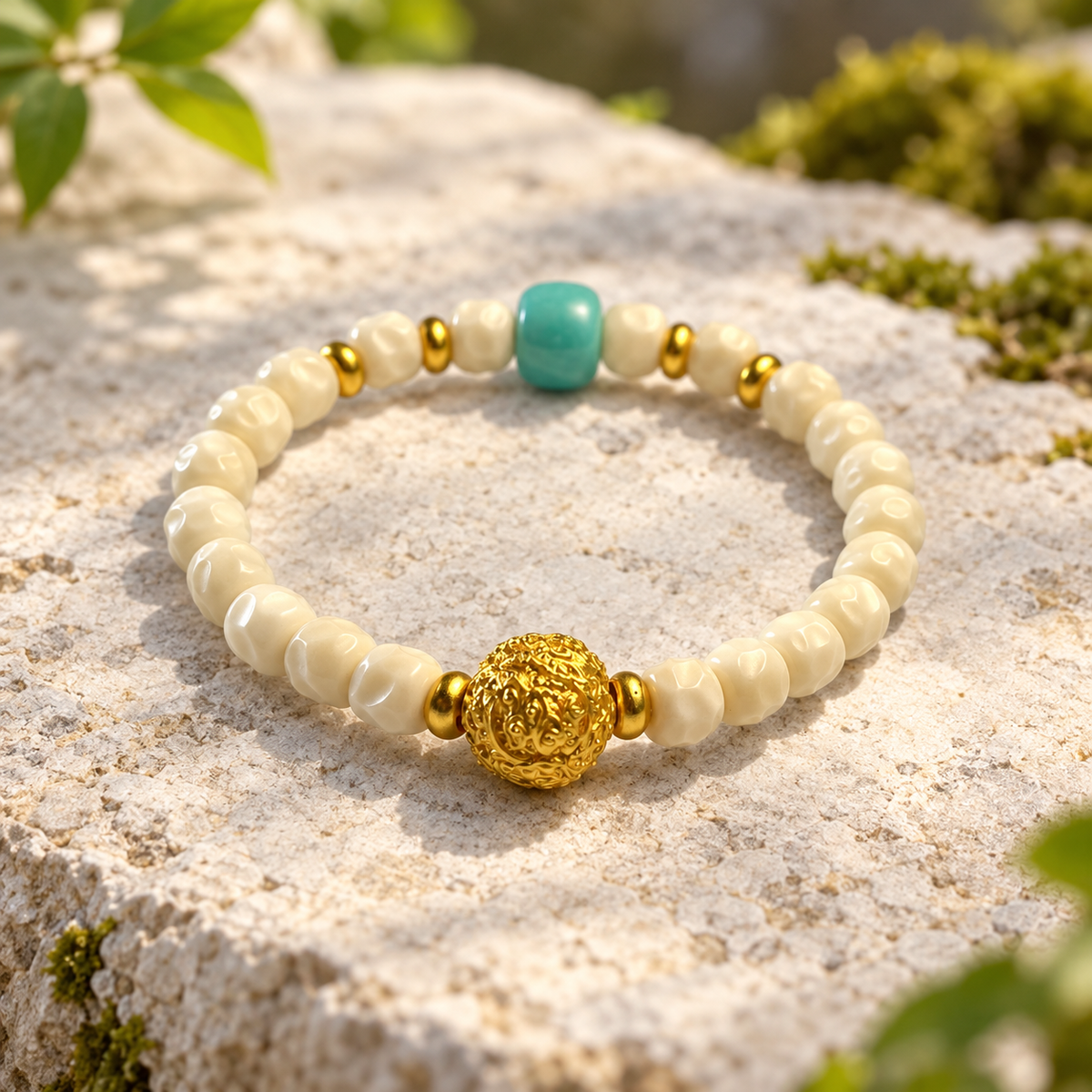 White Bodhi Mala with Turquoise - 01-main