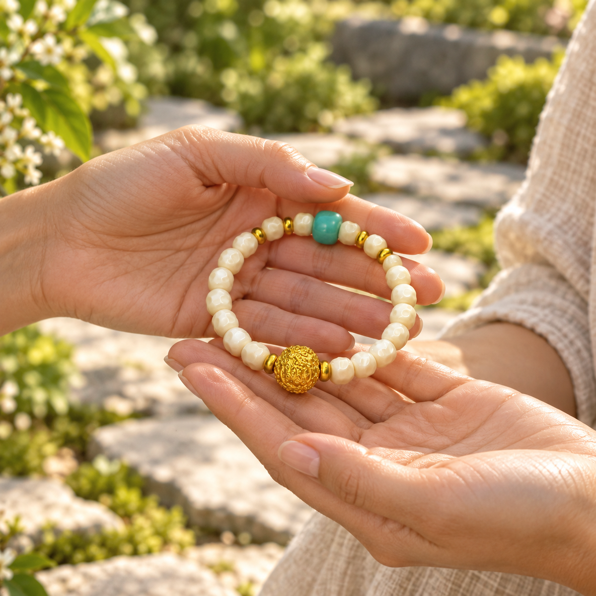 White Bodhi Mala with Turquoise - 04-sub-hands