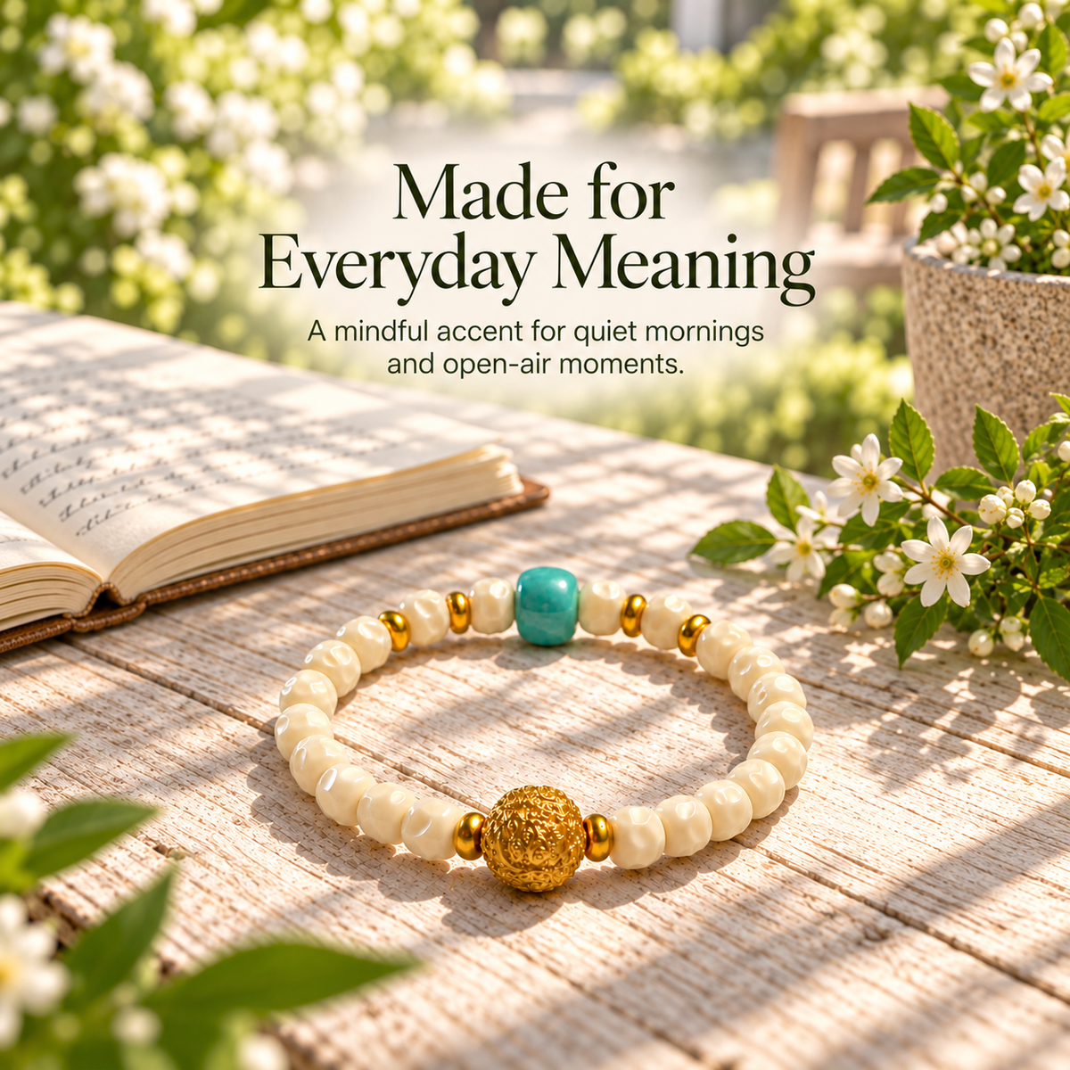 White Bodhi Mala with Turquoise - 10-pdp-everyday