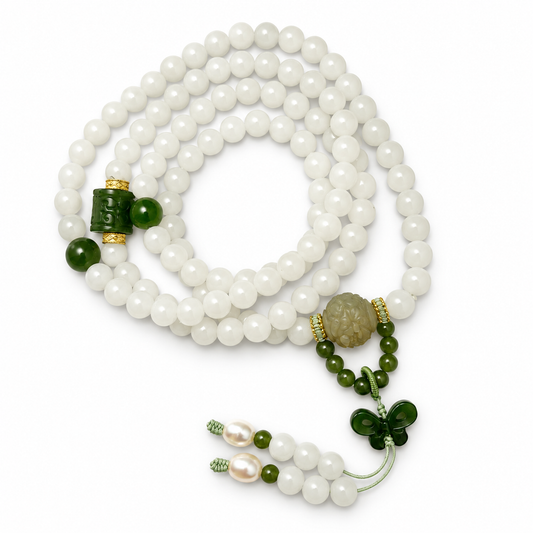 White Jade 108 Mala with Jade Butterfly - 01_main_white_bodhi_mala