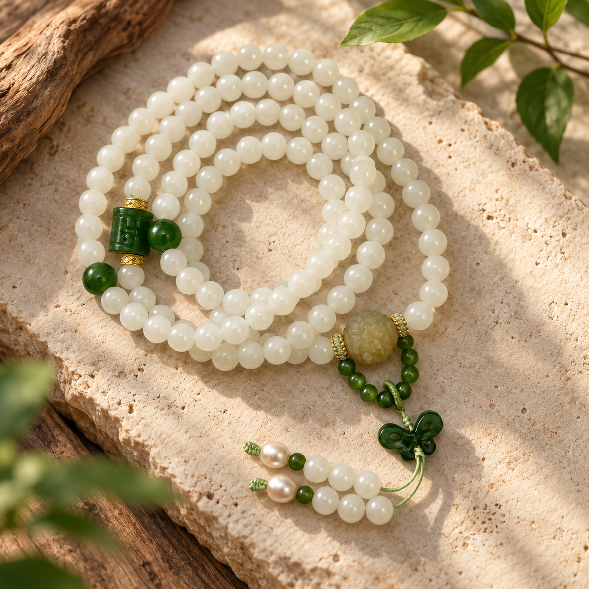 White Jade 108 Mala with Jade Butterfly - 02_material_natural_stilllife