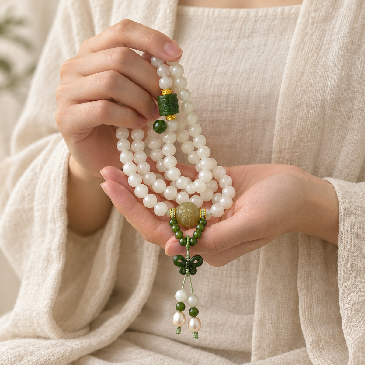 White Jade 108 Mala with Jade Butterfly - 03_prayer_hands_lifestyle