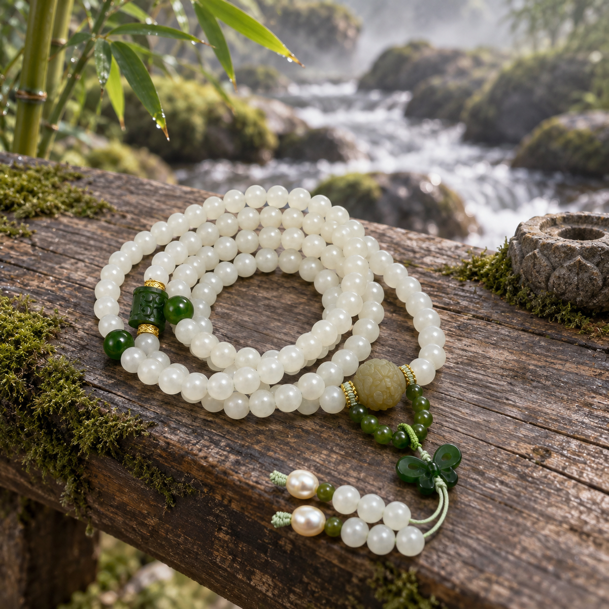 White Jade 108 Mala with Jade Butterfly - 05_outdoor_zen_bench