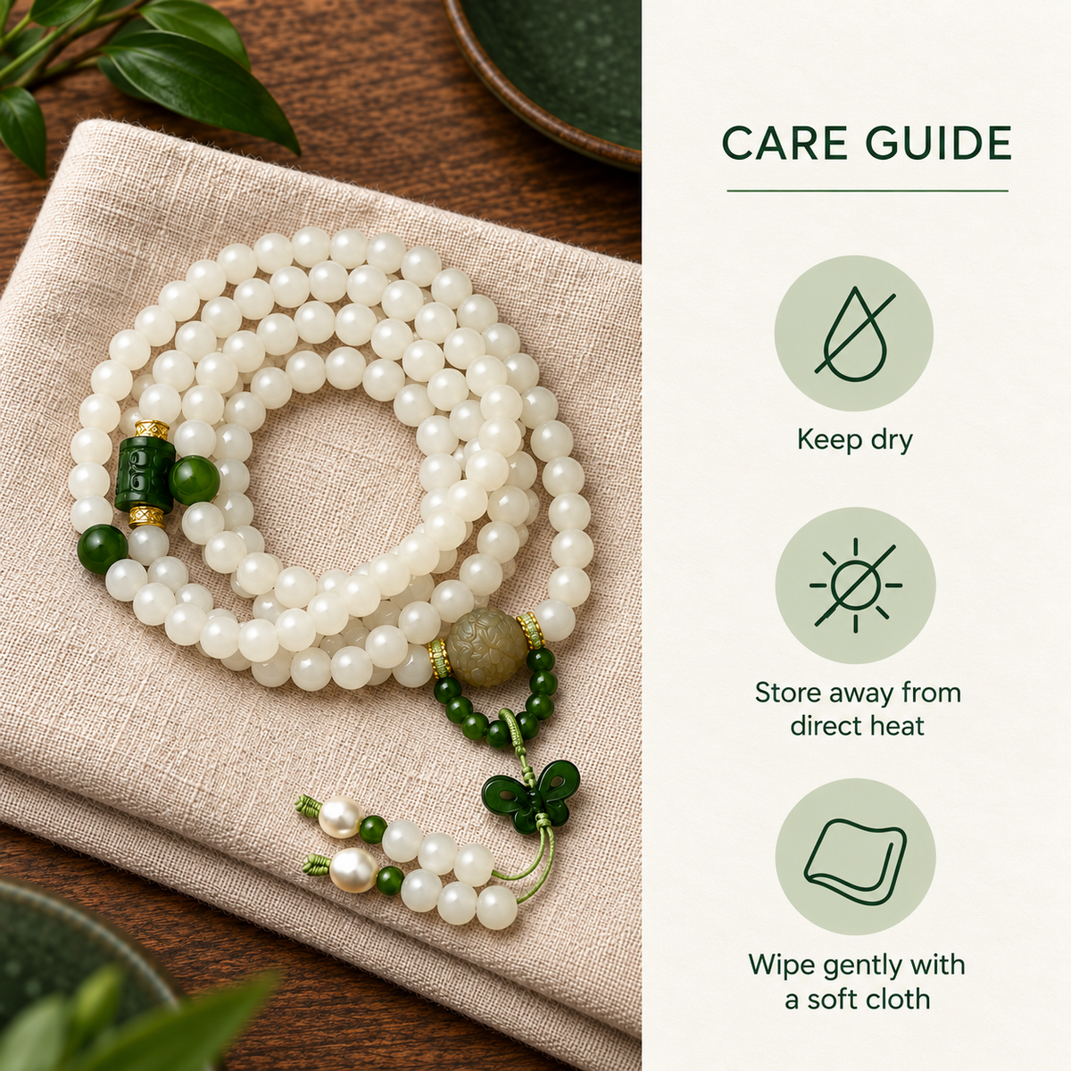 White Jade 108 Mala with Jade Butterfly - 11_pdp_06_care_guide